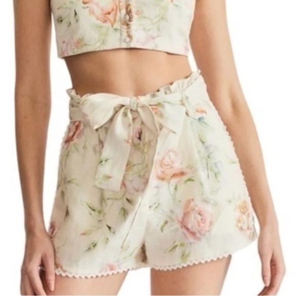 Caroline Constas Pants - Caroline Constas Linen Floral Belted Shorts SZ S EUC